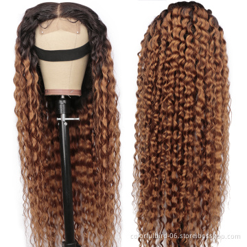 1b30 curly Ombre lace front Human virgin Hair Wig malaysian hair water wave closure 4*4 Ombre hd lace Closure Wig